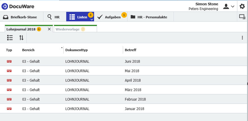 Gespeicherte Liste: alle Lohnjournale aus diesem Jahr für den schnellen Zugriff. Wird das Juli-Journal archiviert, erscheint es auch.